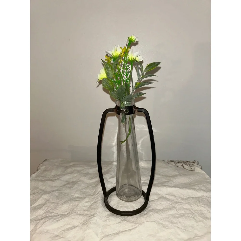 Modern Minimalist Glass Bud Vase with Black Metal Frame Industrial Decor 7.5in